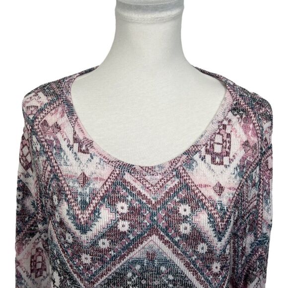Kiara Multicolor Blouse Size L Chiffon Knit Overlay Aztec Print Long Sleeves Top - Picture 2 of 10